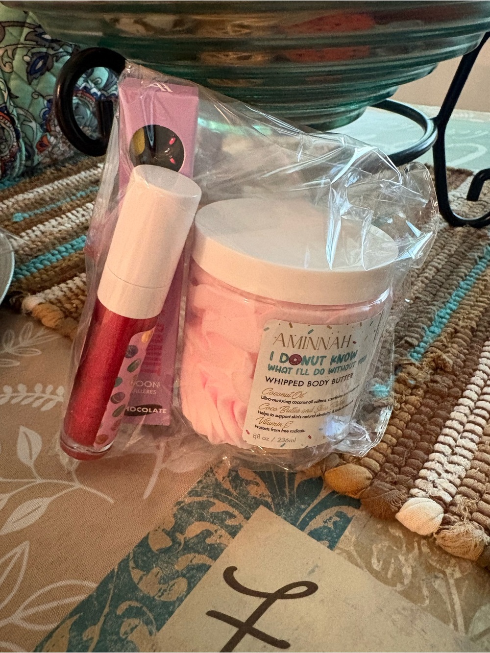 AMINNAH Pink Whipped Body Butter & Lip Gloss Set and spoon Bundle